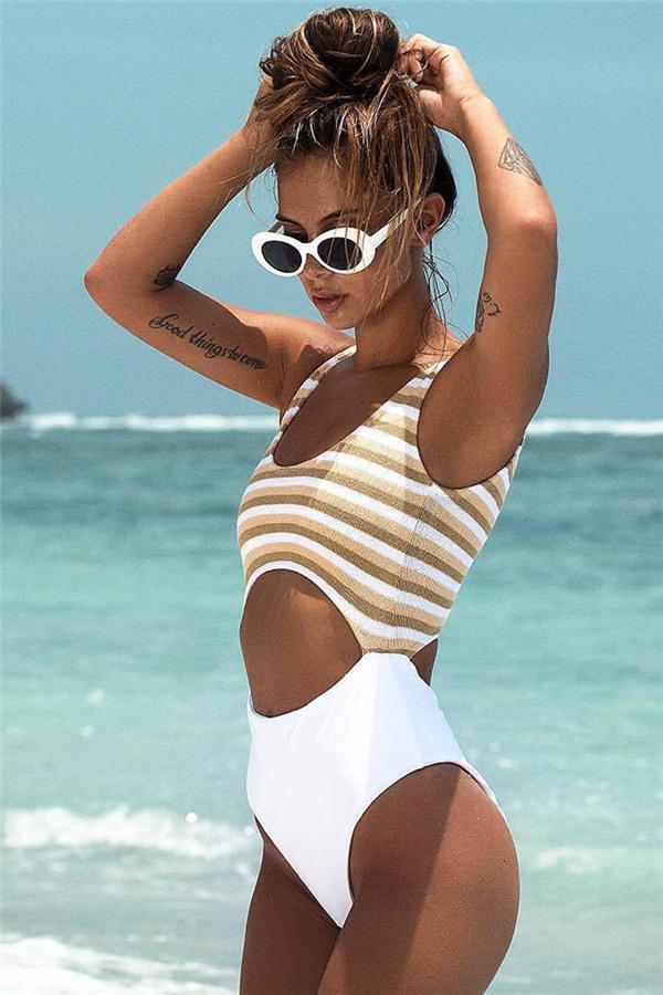 White Striped Open Back One-piece Swimsuit Areous