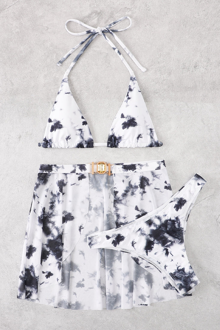 White Tie Dye Rhinestone Halter Triangle Top 3 Pc Swim Set Areous