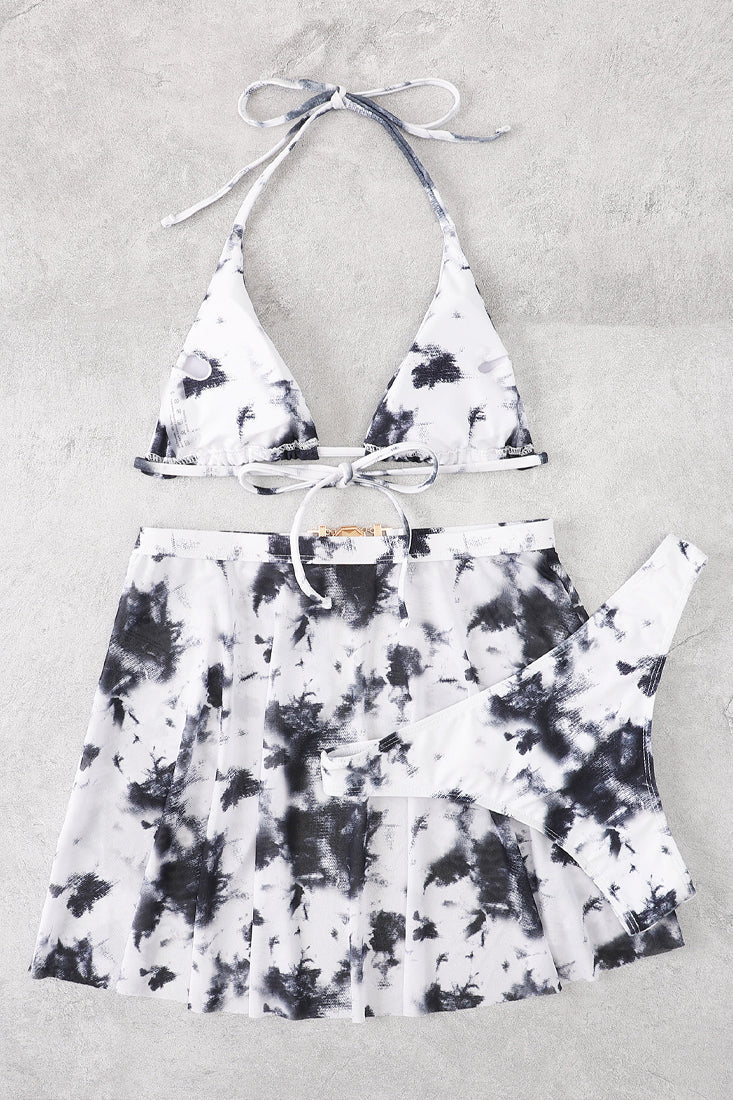 White Tie Dye Rhinestone Halter Triangle Top 3 Pc Swim Set Areous