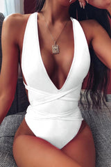 White V-Cut Strappy One Piece Swimsuit Areous