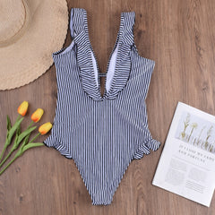 White and Black Stripes One Piece Ruffles Swimwear Areous