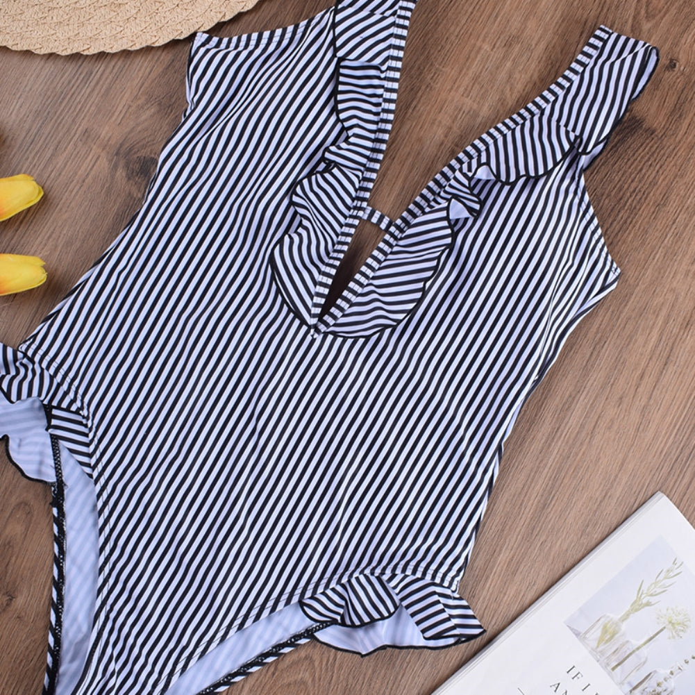 White and Black Stripes One Piece Ruffles Swimwear Areous