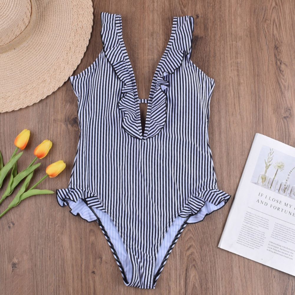 White and Black Stripes One Piece Ruffles Swimwear Areous