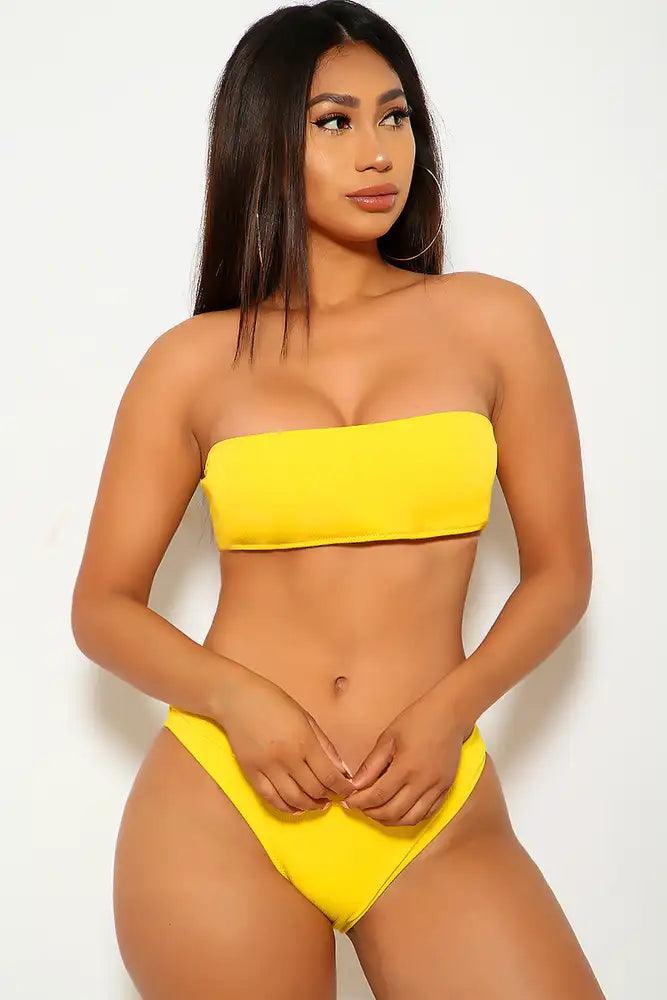 Yellow Cheeky Padded Bandeau Two Piece Swimsuit Areous