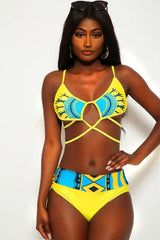 Yellow Ethnic Strappy High Waist Two Piece Swimsuit Areous