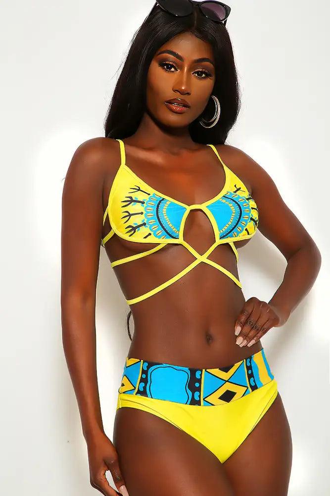 Yellow Ethnic Strappy High Waist Two Piece Swimsuit Areous