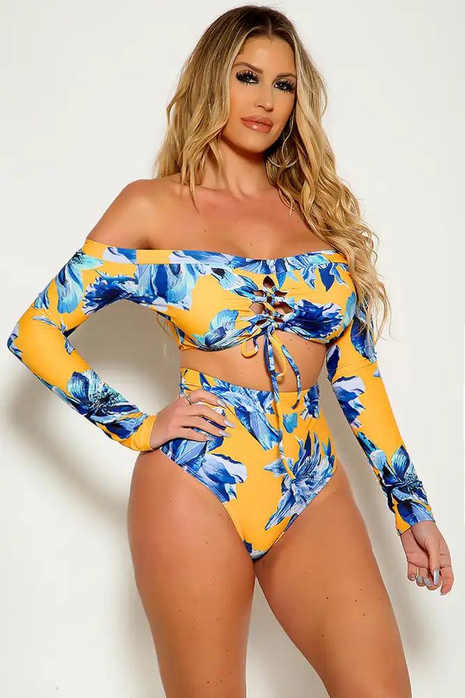 Yellow Floral Long Sleeve Off The Shoulder Lace Up Tow Piece Swimsuit Areous