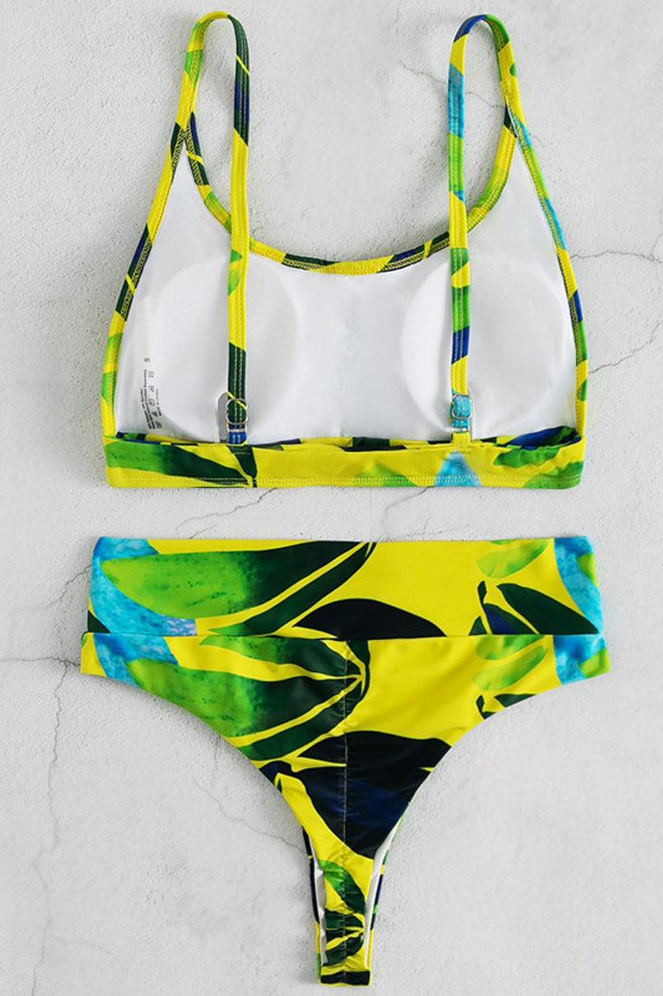 Yellow Floral Print Two Tone Two Piece Swimsuit Areous