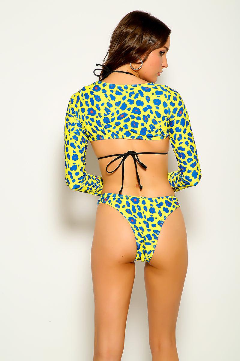 Yellow Leopard Print Three Piece Swimsuit Areous
