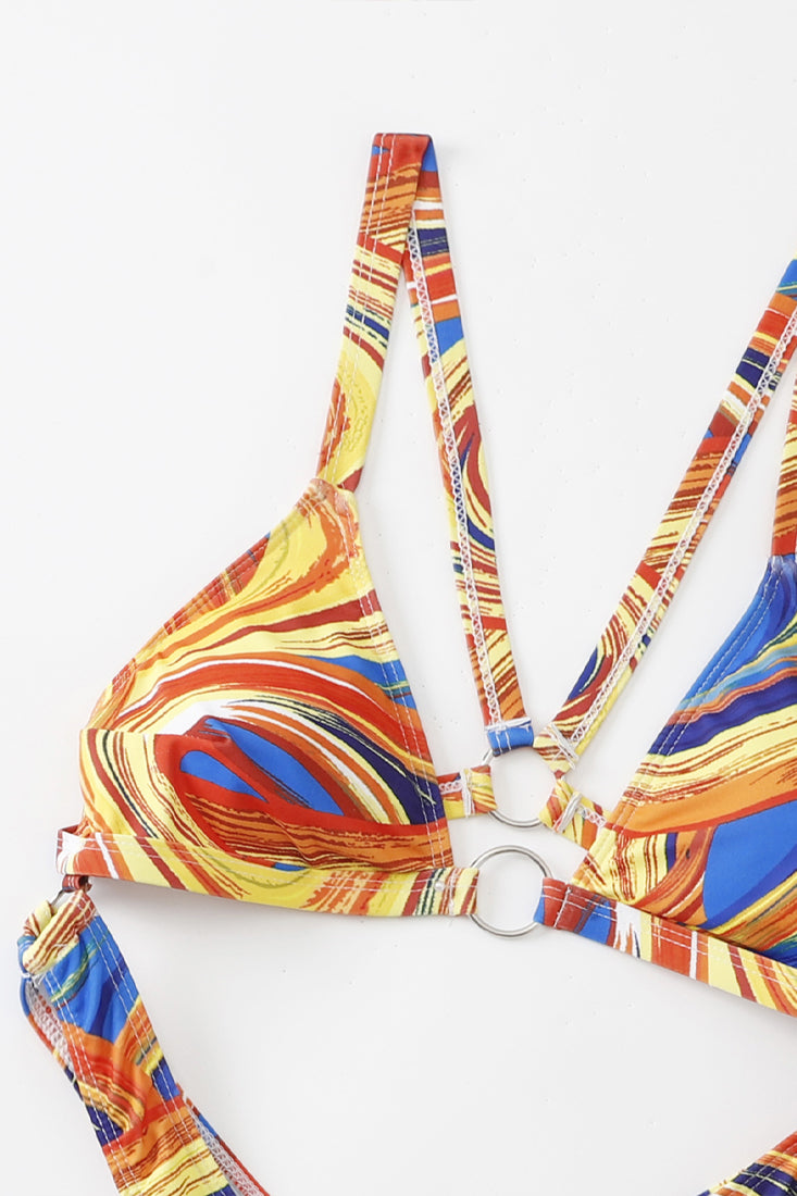 Yellow Multi Print O-Ring Hollow Out Backless Monokini Areous