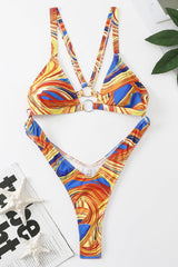 Yellow Multi Print O-Ring Hollow Out Backless Monokini Areous
