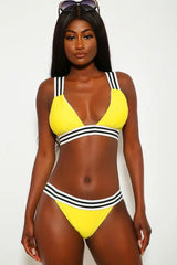 Yellow Striped Mid Rise Two Piece Swimsuit Areous