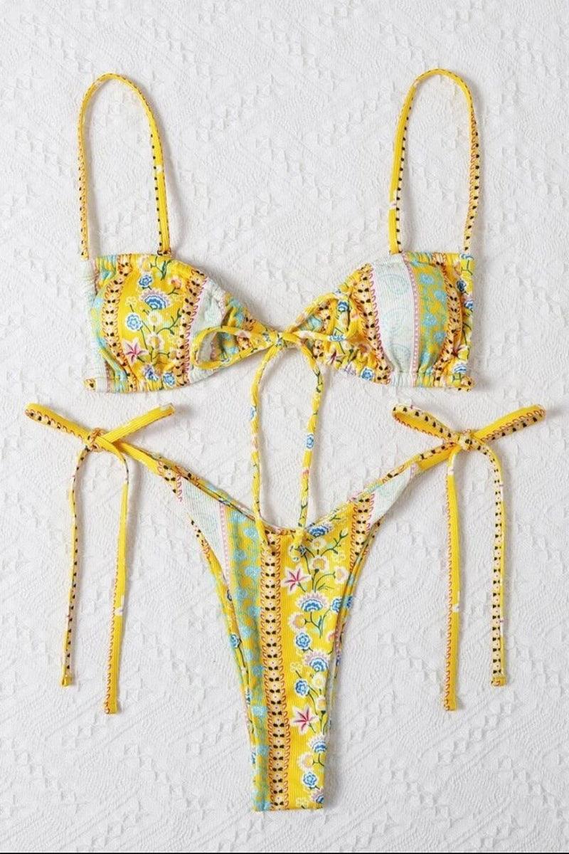 Yellow White Graphic Print Three Piece Swimsuit Areous