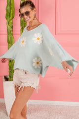 Green Flower Embroidery Batwing Sleeve Loose Sweater
