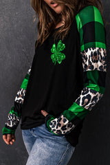 Green Leopard Printed Plaid Splicing Blouse