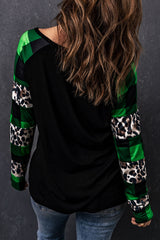 Green Lucky Clover Glitter Pattern Leopard Plaid Splicing Top