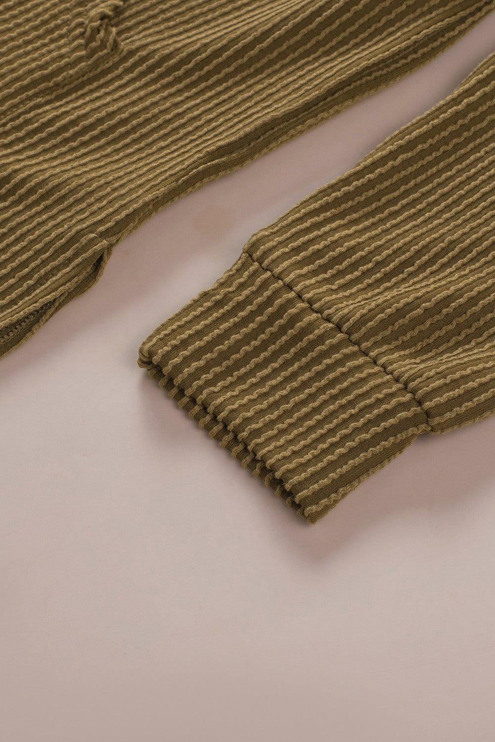Green Ribbed Drawstring Pullover Hoodie With Kangaroo Pocket