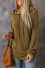 Green Ribbed Drawstring Pullover Hoodie With Kangaroo Pocket