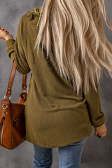 Green Ribbed Drawstring Pullover Hoodie With Kangaroo Pocket