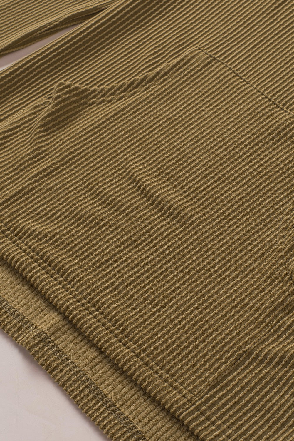 Green Ribbed Drawstring Pullover Hoodie With Kangaroo Pocket