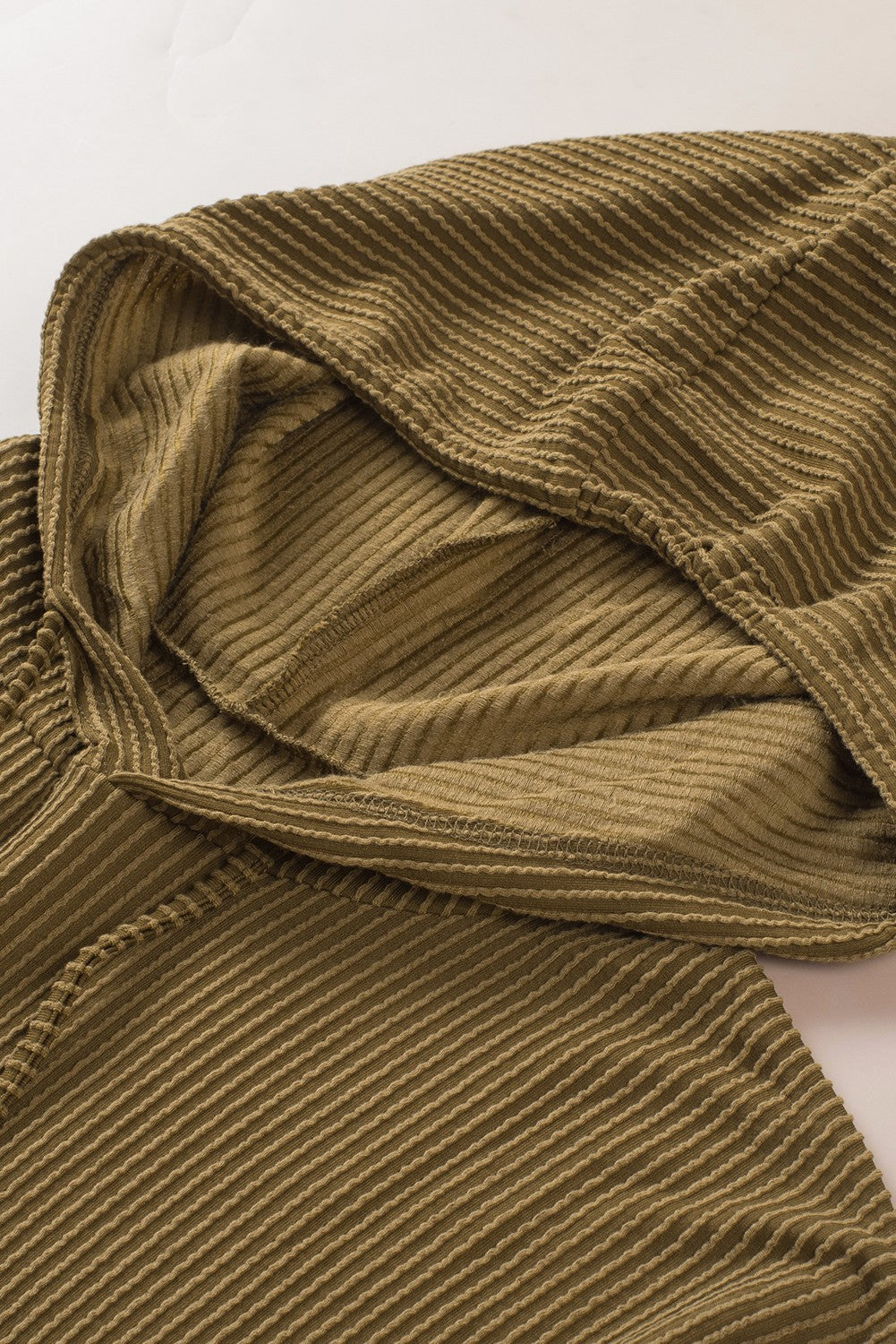 Green Ribbed Drawstring Pullover Hoodie With Kangaroo Pocket