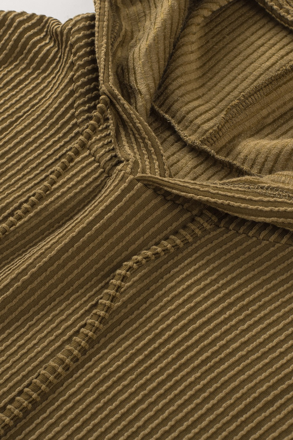 Green Ribbed Drawstring Pullover Hoodie With Kangaroo Pocket