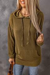 Green Ribbed Drawstring Pullover Hoodie With Kangaroo Pocket