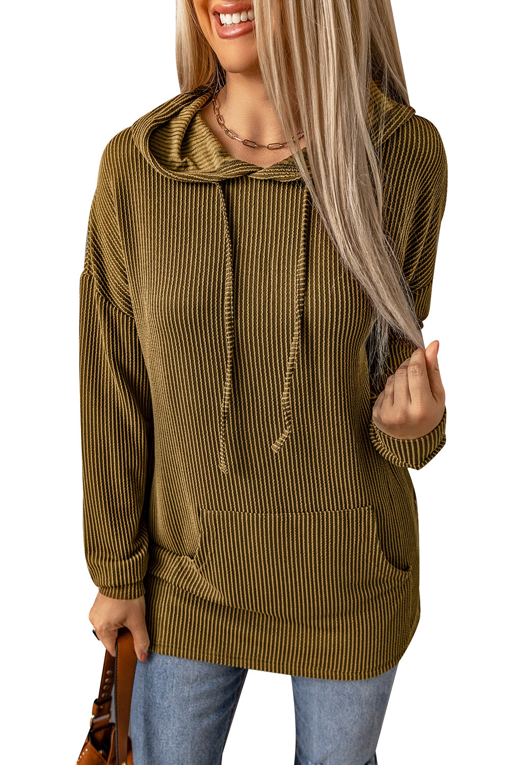 Green Ribbed Drawstring Pullover Hoodie With Kangaroo Pocket