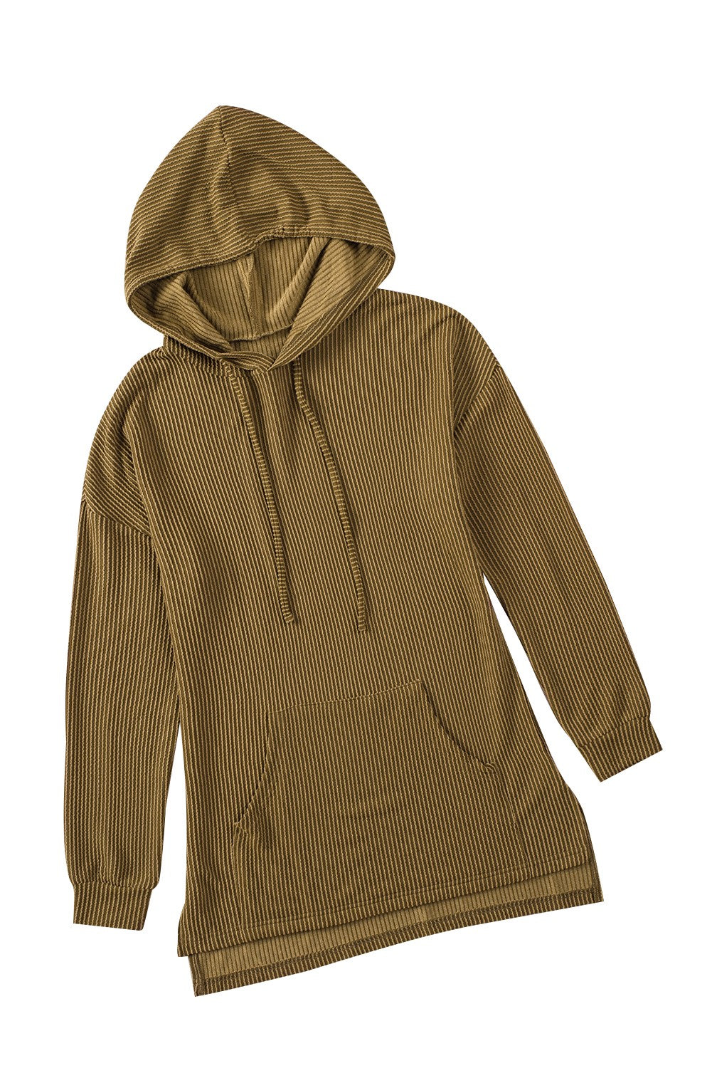 Green Ribbed Drawstring Pullover Hoodie With Kangaroo Pocket