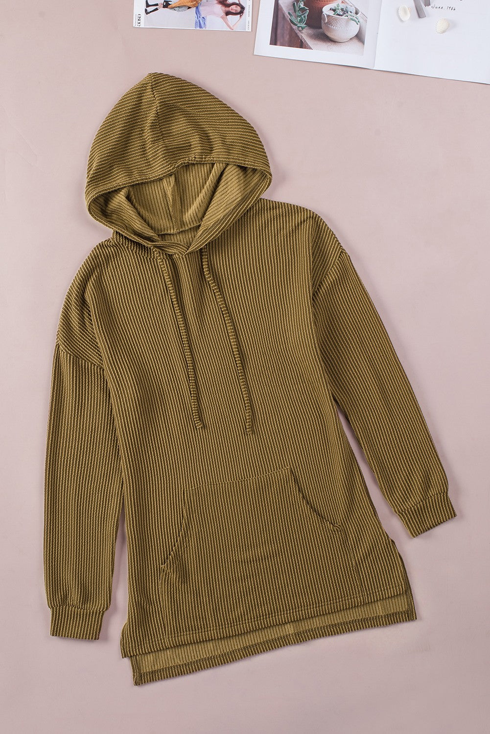 Green Ribbed Drawstring Pullover Hoodie With Kangaroo Pocket