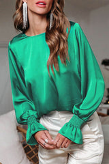Green Satin Puff Sleeves Blouse