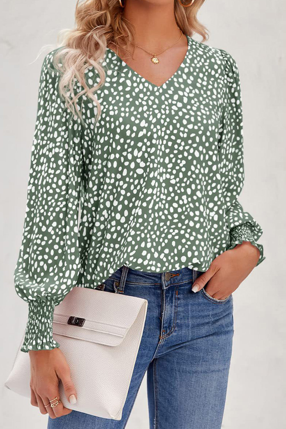 Green Spotted Pattern Shirred Cuffs Bubble Sleeve Blouse