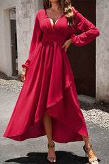 Solid Color V Neck Ruffle Hem Dress