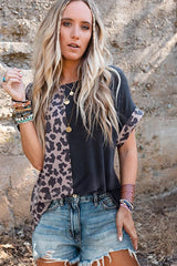Half Leopard Patchwork Short Sleeves Top
