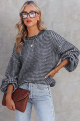 Heathered Knit Drop Shoulder Puff Sleeve Sweater