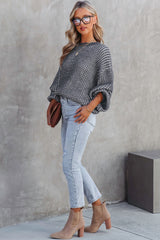Heathered Knit Drop Shoulder Puff Sleeve Sweater
