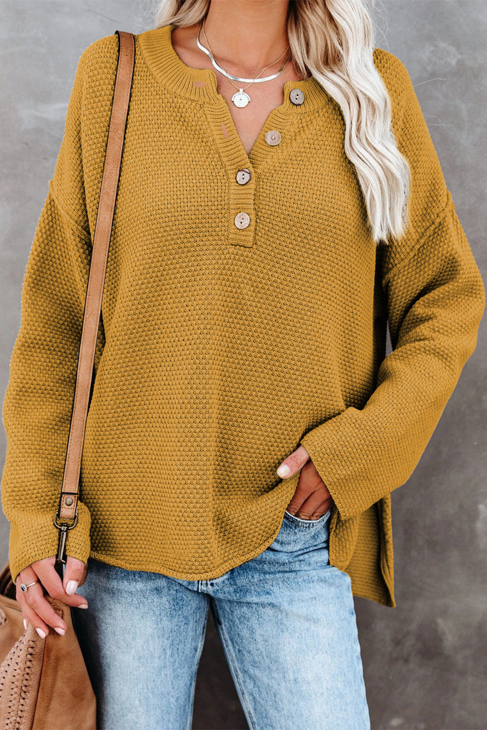 Henley Pullover Drop Shoulder Sweater With Slits