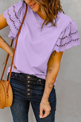 Hollow Out Ruffle Sleeve T-Shirt