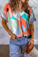 Irregular Color Block Printed Short Sleeve Blouse