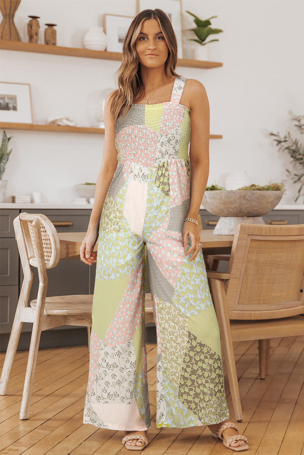 Irregular Patchwork Print Smocked Wide Leg Jumpsuit