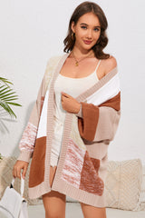 Khaki Checkered Pattern Open Front Drop Shoulder Slouchy Cardigan