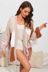 Khaki Checkered Pattern Open Front Drop Shoulder Slouchy Cardigan