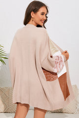 Khaki Checkered Pattern Open Front Drop Shoulder Slouchy Cardigan