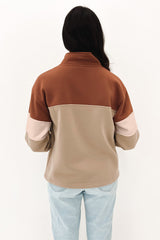 Khaki Color Block Zip Mock Neck Pocketed Sweatshirt