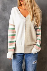 Khaki Contrast Striped Sleeve Sweater