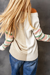 Khaki Contrast Striped Sleeve Sweater