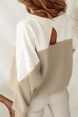 Khaki Crew Neck Drop-Shoulder Color Block Sweatshirt