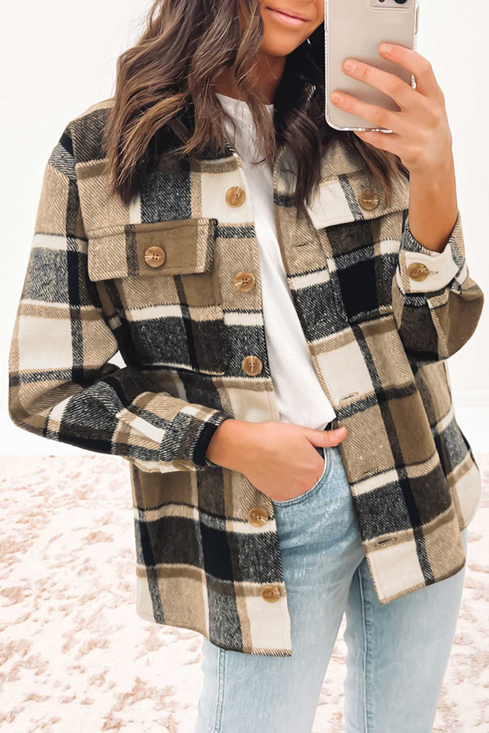 Khaki Retro Plaid Button Flap Pocket Shacket