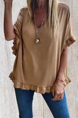 Khaki Ruffle Trim Short Sleeve Oversize Blouse