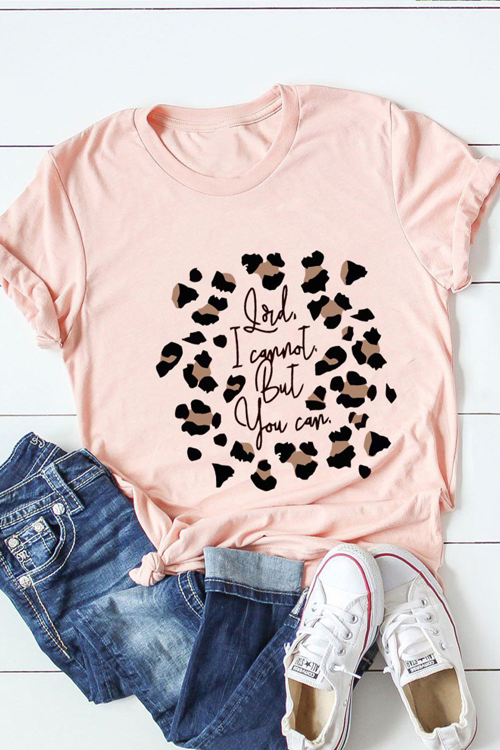 Pink Leopard Letter Printed Slim Fit Short Sleeve T Shirt